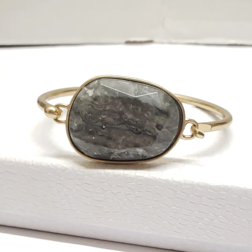 Gray Marble Cut Stone Gold Tone Bracelet Statement Bracelet